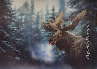 "Uncharted" by Elyse Galloway. 20x28inches. September 2023. Moose in a woodland snowstorm.